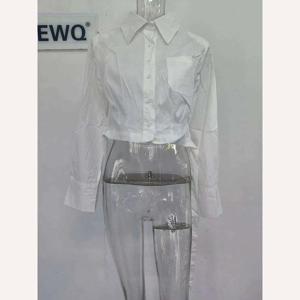 [EWQ] Hollow Out Bandage Buckle Shirt Women Long Sleeve Single Breasted Blusas 2023 Autumn Winter New Fashion White Top 16U3824