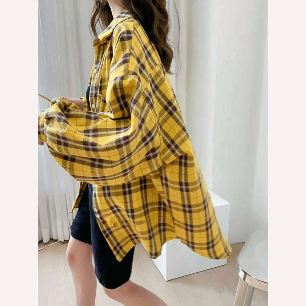 Fashion Plaid Button Up Shirt Women Spring 2022 New Oversize Long Sleeve Tops Female Harajuku Daily All-match Chic Yellow Shirts