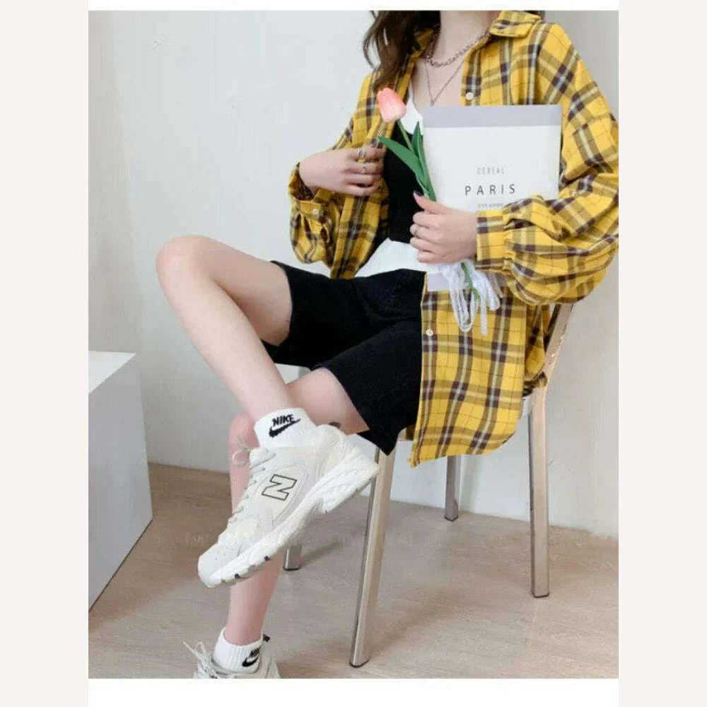 Fashion Plaid Button Up Shirt Women Spring 2022 New Oversize Long Sleeve Tops Female Harajuku Daily All-match Chic Yellow Shirts