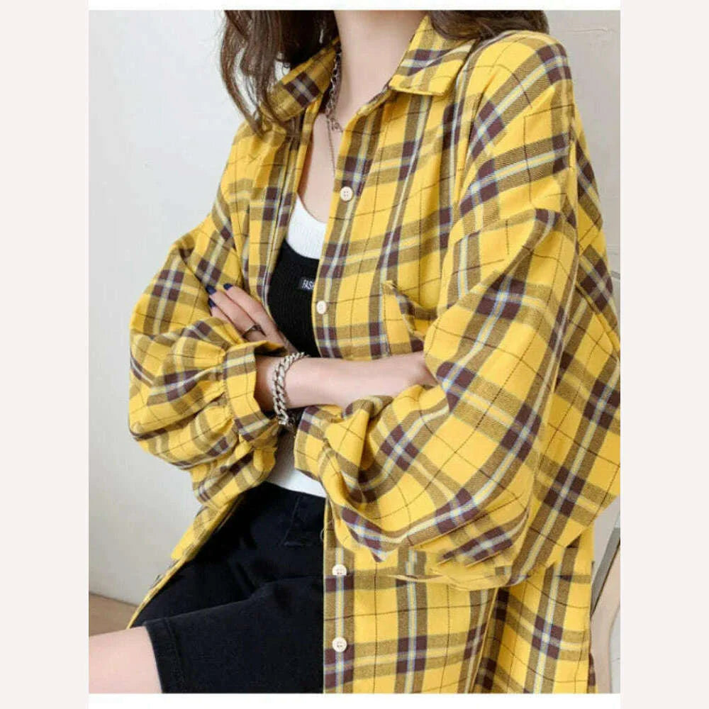 Fashion Plaid Button Up Shirt Women Spring 2022 New Oversize Long Sleeve Tops Female Harajuku Daily All-match Chic Yellow Shirts