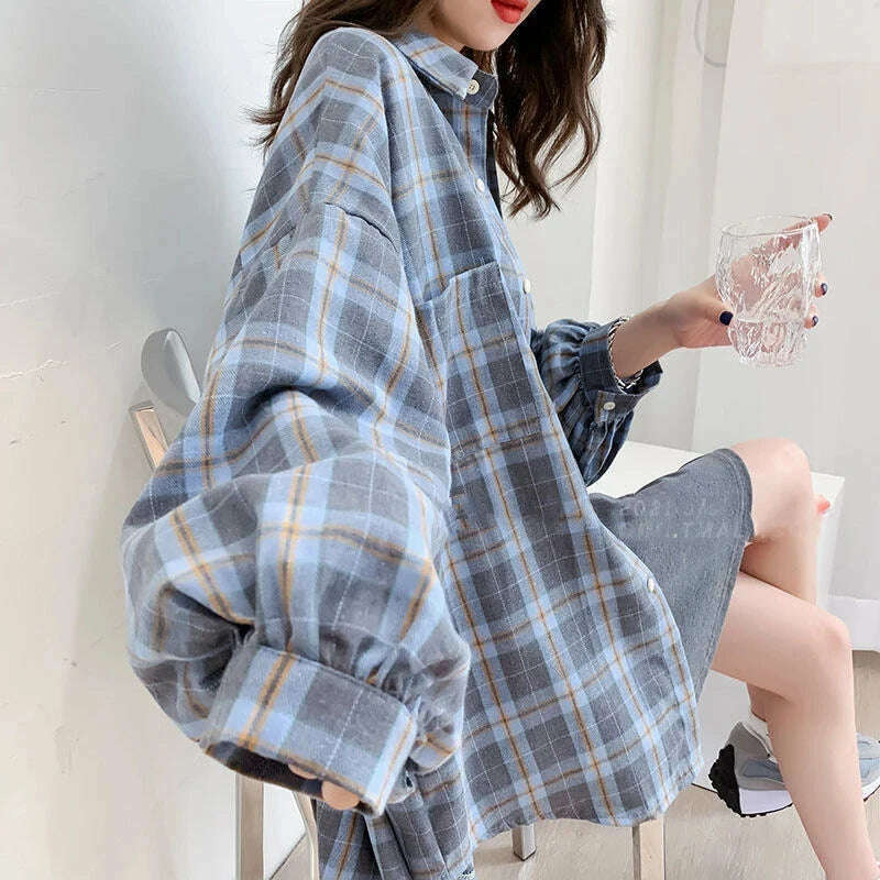 Fashion Plaid Button Up Shirt Women Spring 2022 New Oversize Long Sleeve Tops Female Harajuku Daily All-match Chic Yellow Shirts