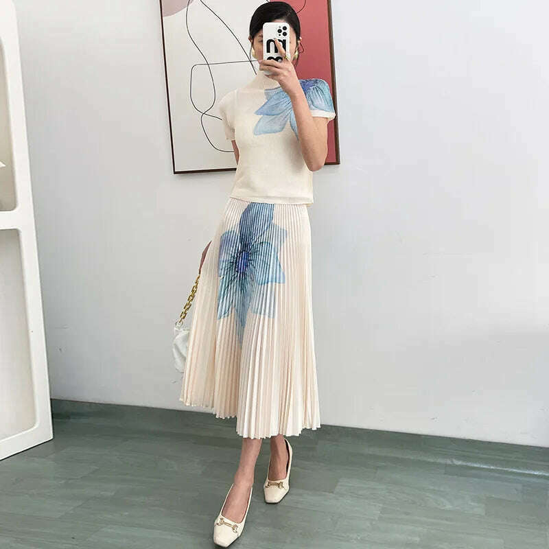 Fashion Printed High Neck Elastic Slim Fitting T-shirt+printed Long Pleated Skirt Two-piece 2024 Autumn Elegant Women Skirt Set