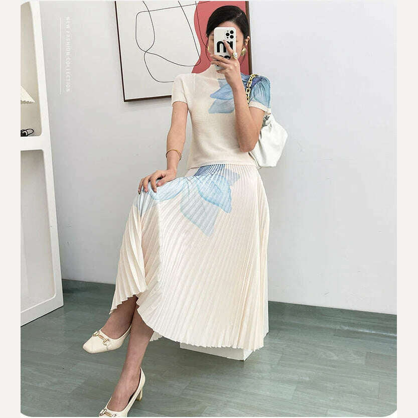 Fashion Printed High Neck Elastic Slim Fitting T-shirt+printed Long Pleated Skirt Two-piece 2024 Autumn Elegant Women Skirt Set