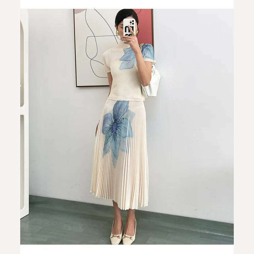 Fashion Printed High Neck Elastic Slim Fitting T-shirt+printed Long Pleated Skirt Two-piece 2024 Autumn Elegant Women Skirt Set