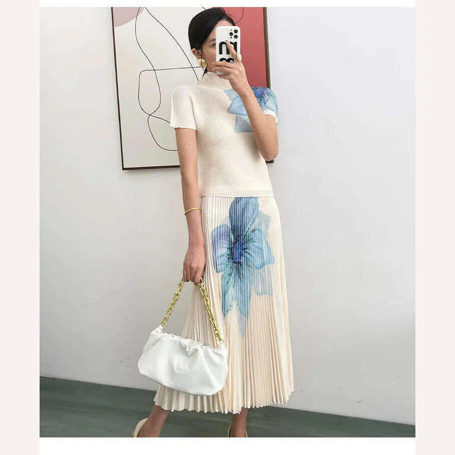 Fashion Printed High Neck Elastic Slim Fitting T-shirt+printed Long Pleated Skirt Two-piece 2024 Autumn Elegant Women Skirt Set