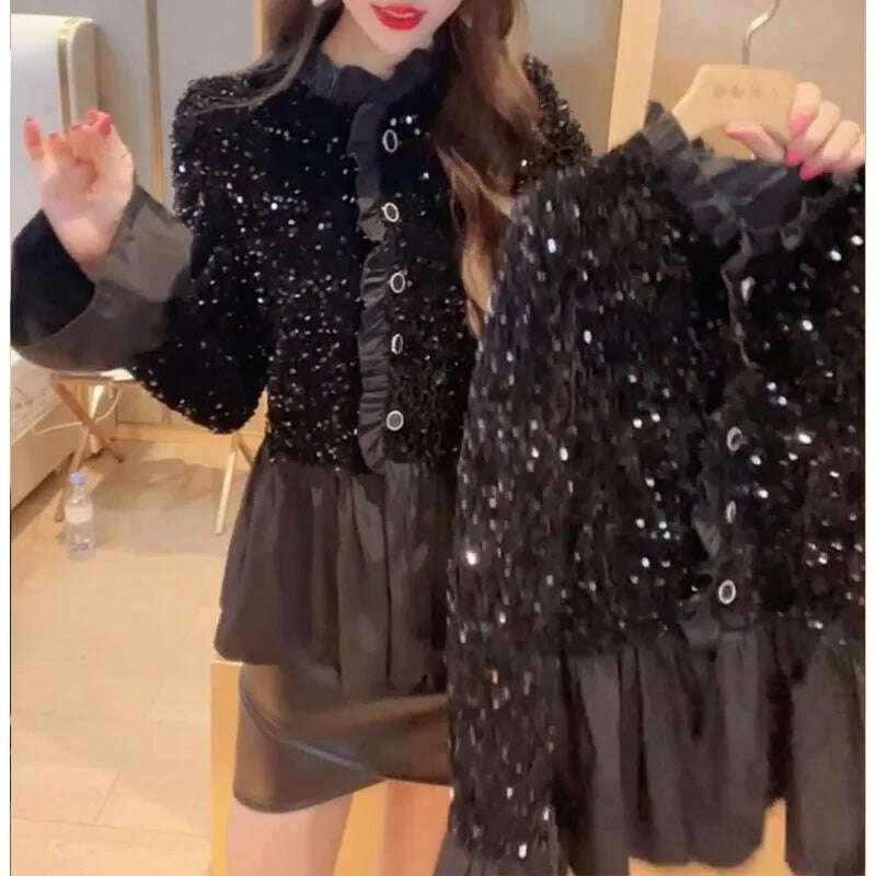 Fashion Splicing Sequin Jacket Women Single-breasted Plicated Long Sleeve Tops Female Spring Casual Solid Black Coat