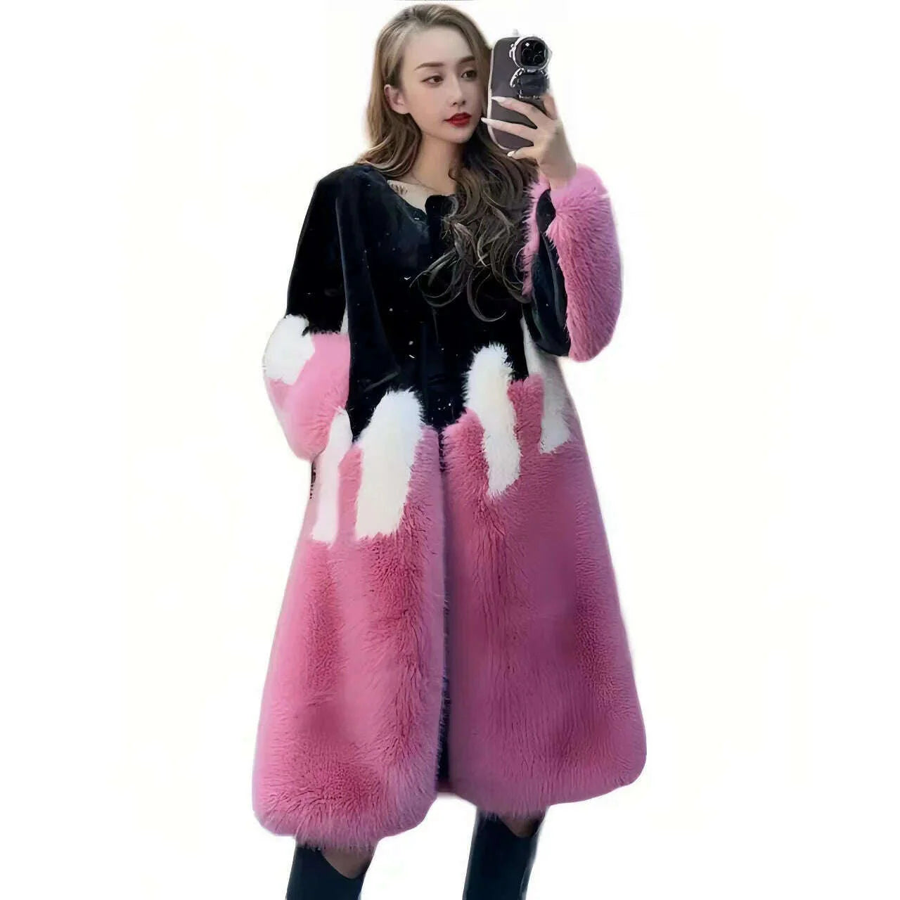 Faux Mink Fur Coat for Women, Loose and Long, Spliced Single Contrasting Overcoat, Vintage Warm Jacket, Female Tops, New, Winte