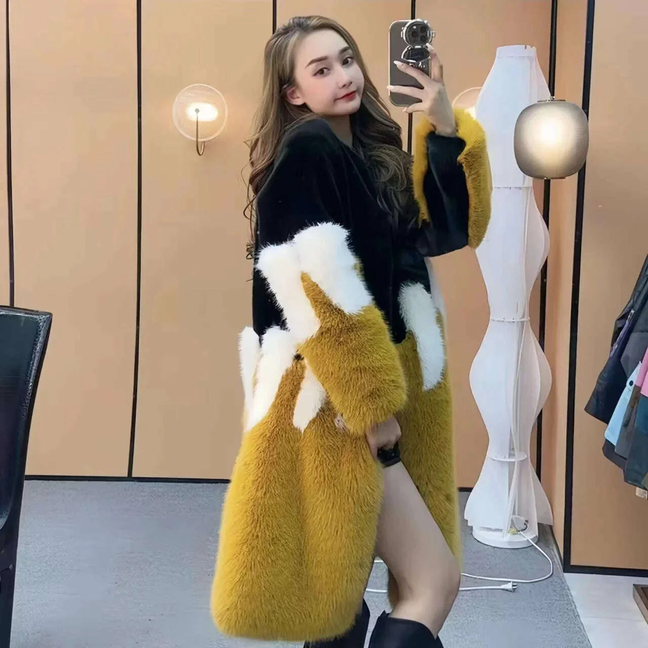 Faux Mink Fur Coat for Women, Loose and Long, Spliced Single Contrasting Overcoat, Vintage Warm Jacket, Female Tops, New, Winte