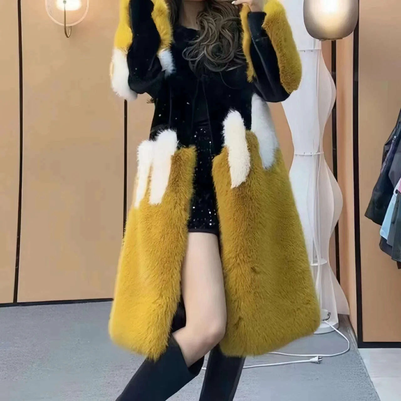 Faux Mink Fur Coat for Women, Loose and Long, Spliced Single Contrasting Overcoat, Vintage Warm Jacket, Female Tops, New, Winte