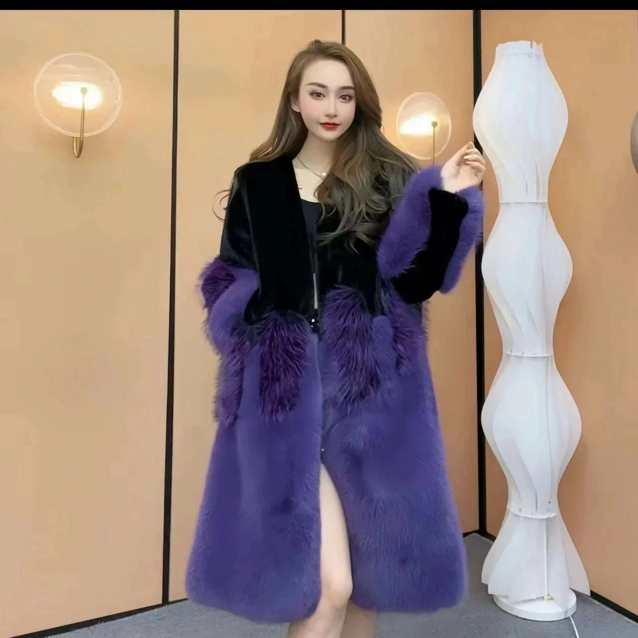 Faux Mink Fur Coat for Women, Loose and Long, Spliced Single Contrasting Overcoat, Vintage Warm Jacket, Female Tops, New, Winte