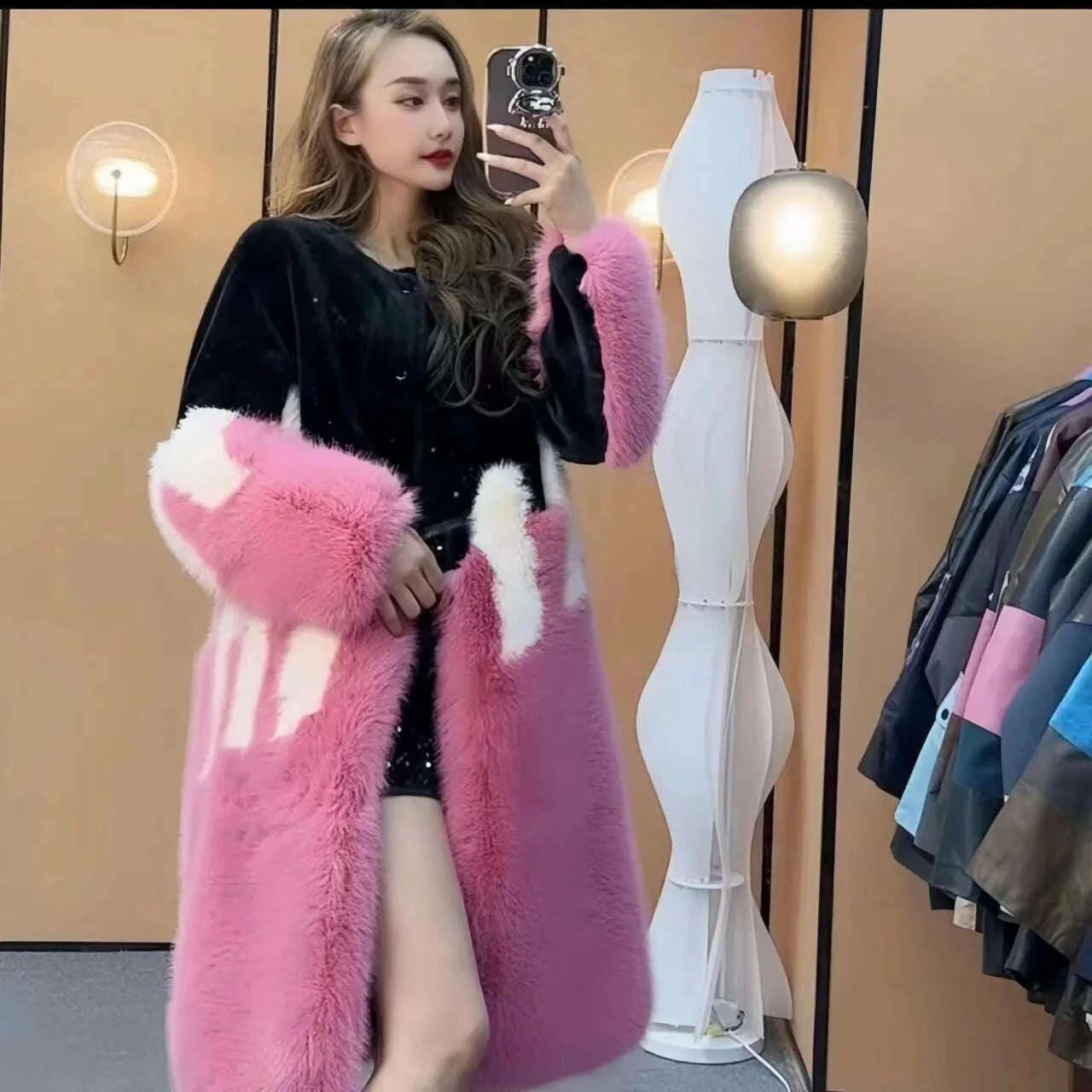 Faux Mink Fur Coat for Women, Loose and Long, Spliced Single Contrasting Overcoat, Vintage Warm Jacket, Female Tops, New, Winte