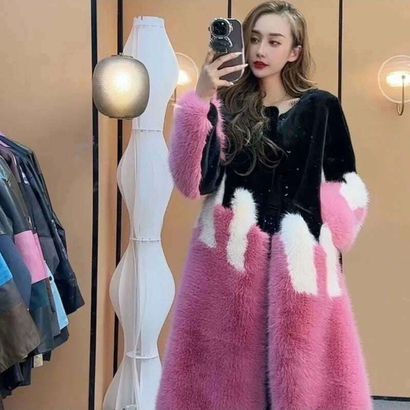 Faux Mink Fur Coat for Women, Loose and Long, Spliced Single Contrasting Overcoat, Vintage Warm Jacket, Female Tops, New, Winte