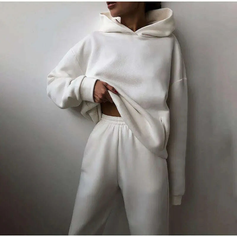 Fleece-lined Tracksuits Women Casual Hoodies Sweatpants Solid Warm Suits Autumn Winter Pullover Sweatshirts Pants 2 Piece Set