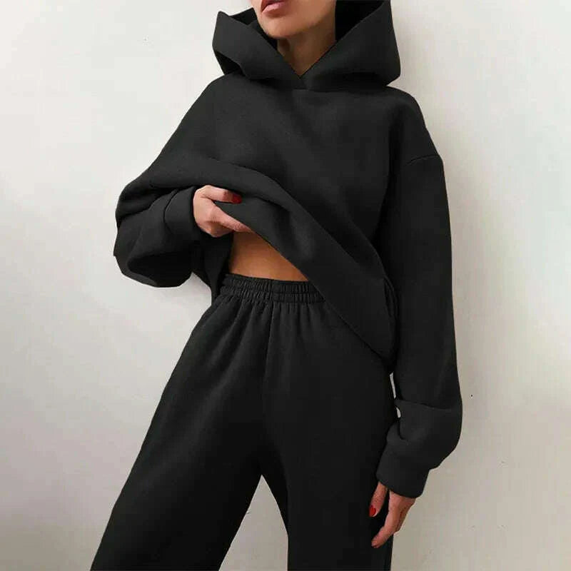 Fleece-lined Tracksuits Women Casual Hoodies Sweatpants Solid Warm Suits Autumn Winter Pullover Sweatshirts Pants 2 Piece Set