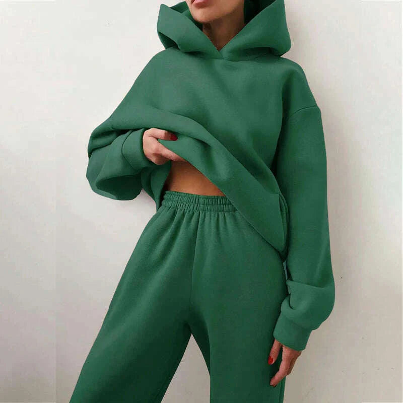 Fleece-lined Tracksuits Women Casual Hoodies Sweatpants Solid Warm Suits Autumn Winter Pullover Sweatshirts Pants 2 Piece Set