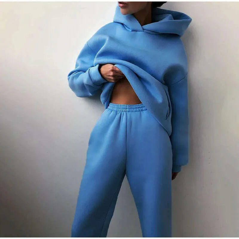 Fleece-lined Tracksuits Women Casual Hoodies Sweatpants Solid Warm Suits Autumn Winter Pullover Sweatshirts Pants 2 Piece Set