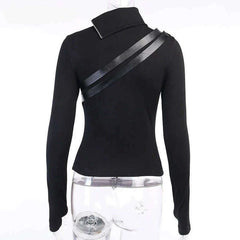 Goth Dark Gothic Grunge Style T-shirts Punk Black Long Sleeve Turtleneck Tee Bodycon Zipper And Belt Front Patchwork Women Tops