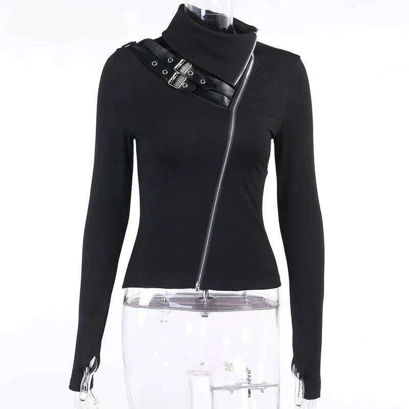 Goth Dark Gothic Grunge Style T-shirts Punk Black Long Sleeve Turtleneck Tee Bodycon Zipper And Belt Front Patchwork Women Tops