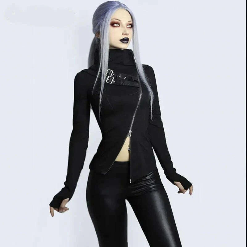 Goth Dark Gothic Grunge Style T-shirts Punk Black Long Sleeve Turtleneck Tee Bodycon Zipper And Belt Front Patchwork Women Tops