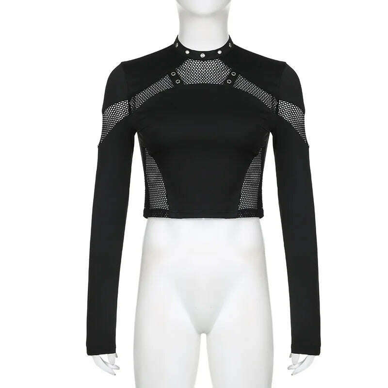 Goth Dark Techwear Cyber Gothic Fishnet Patches T-shirts Punk Grunge Hollow Out Skinny Crop Tops Black Eyelet Fashion Alt Clothe