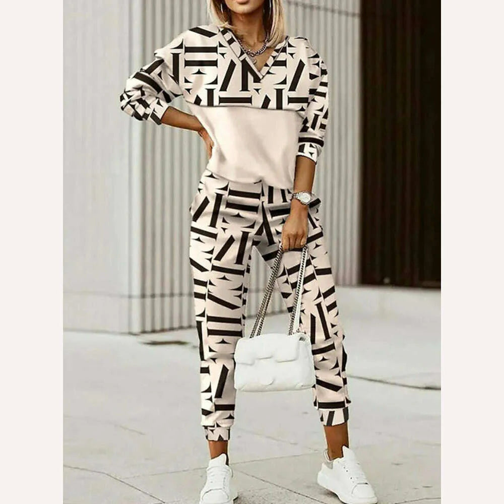 Hooded Tops Elastic Waist Pants Casual Two Piece Set Vintage Printing Slim Fit Outfit Elegant Women Streetwear 2Pcs Matching Set