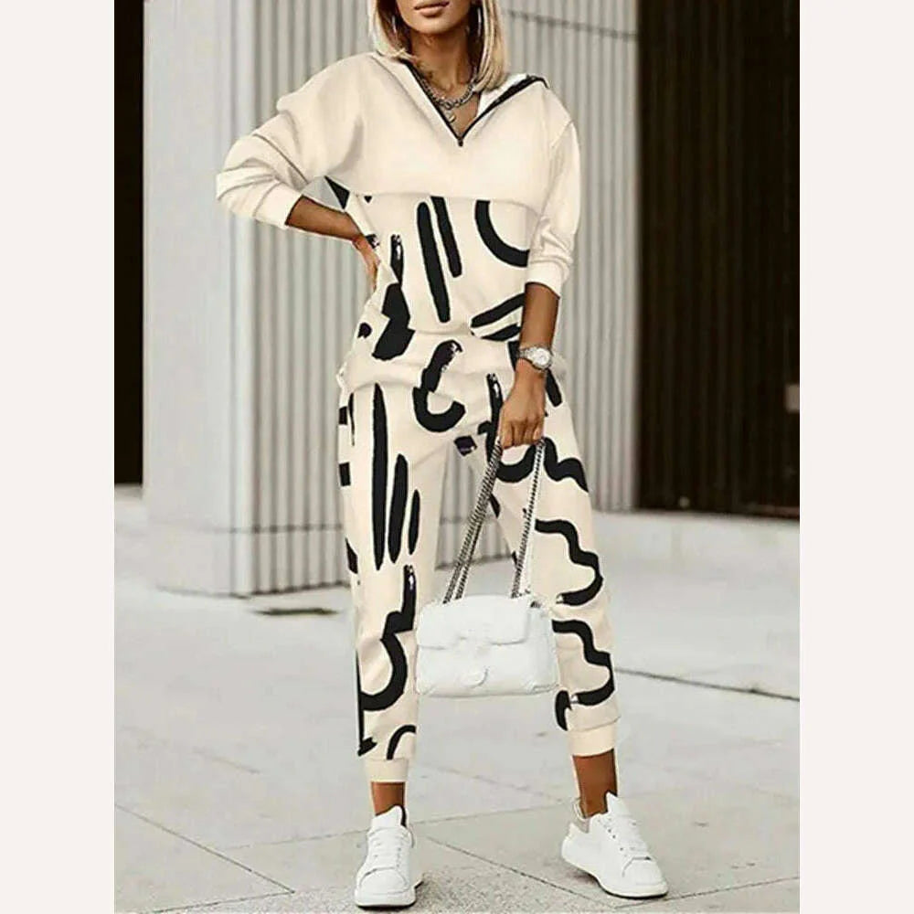 Hooded Tops Elastic Waist Pants Casual Two Piece Set Vintage Printing Slim Fit Outfit Elegant Women Streetwear 2Pcs Matching Set