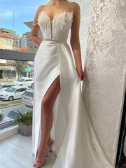 Unique Feather Top Sheath Prom Dresses, Side Slit Prom Dresses, 2023 Prom Dresses