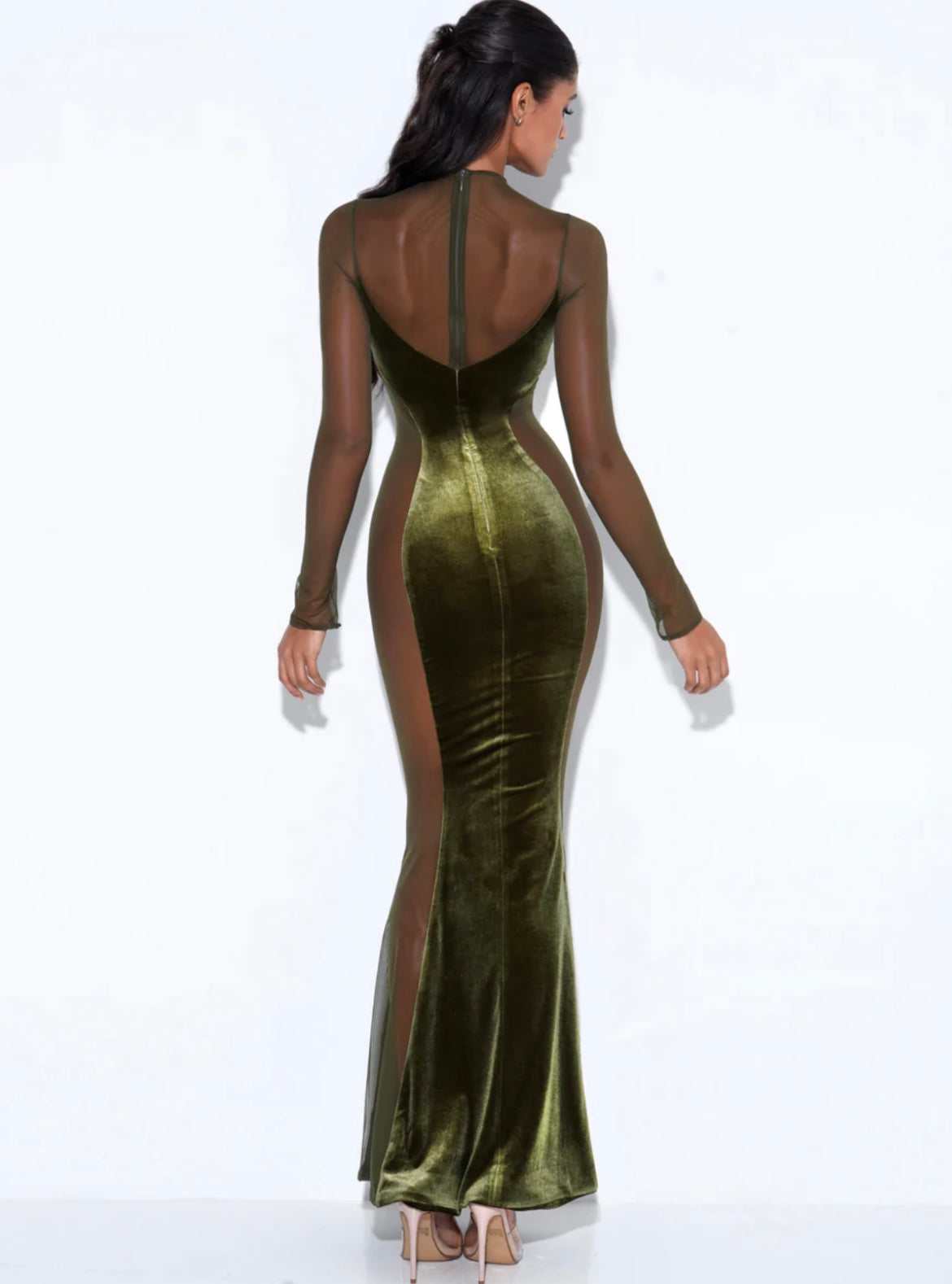 OLIVE VELVET MESH MAXI GOWN