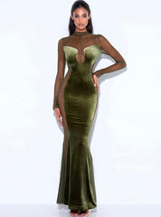 OLIVE VELVET MESH MAXI GOWN