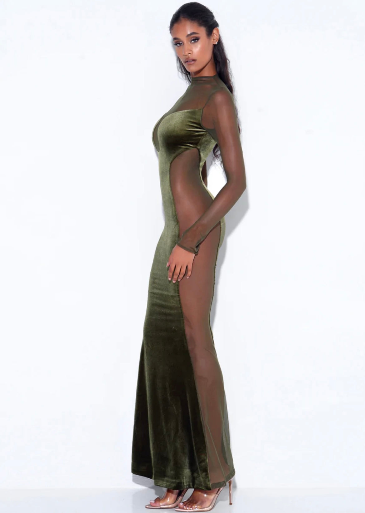 OLIVE VELVET MESH MAXI GOWN