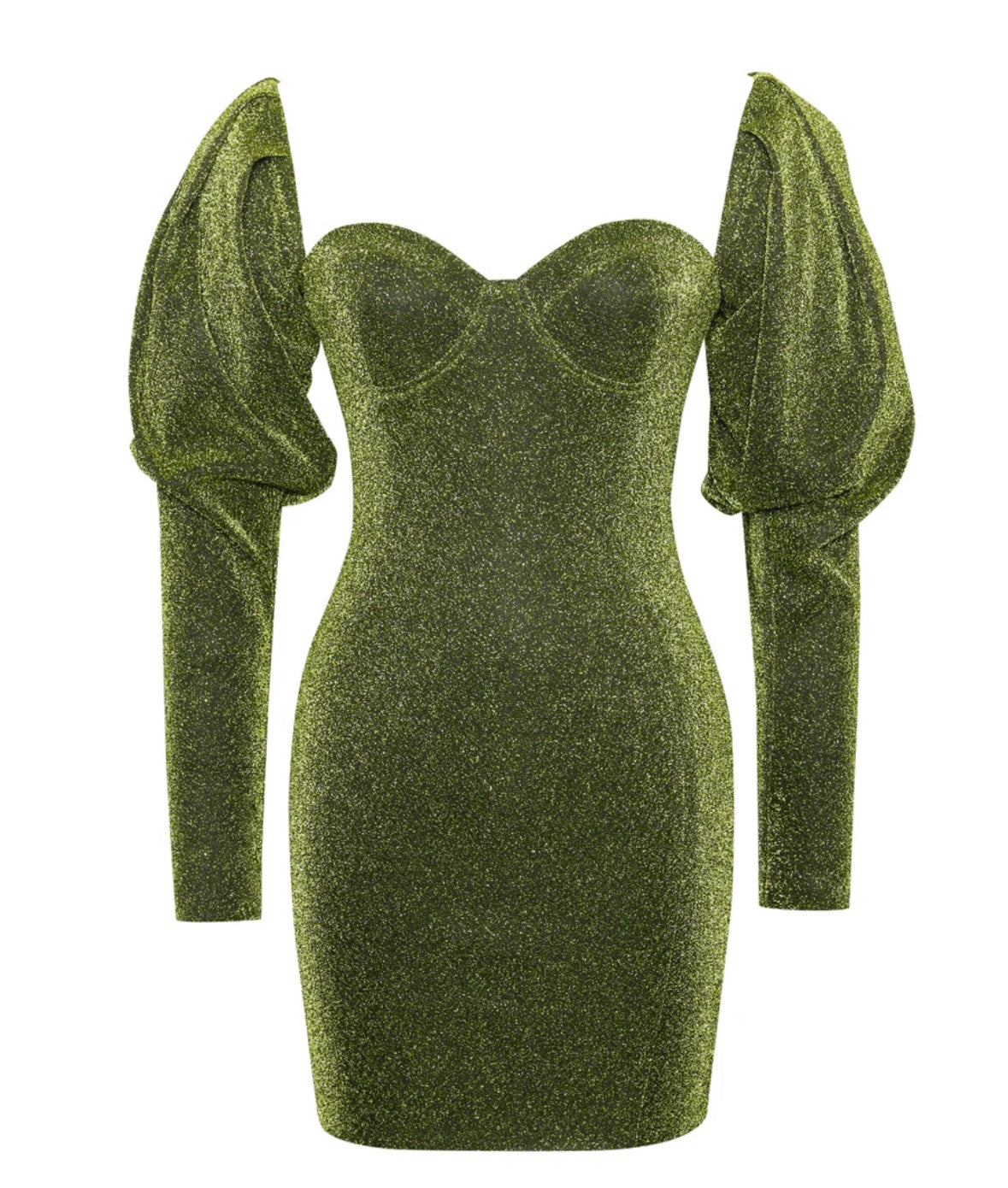 GREEN METALLIC PUFF SHOULDER MINI DRESS