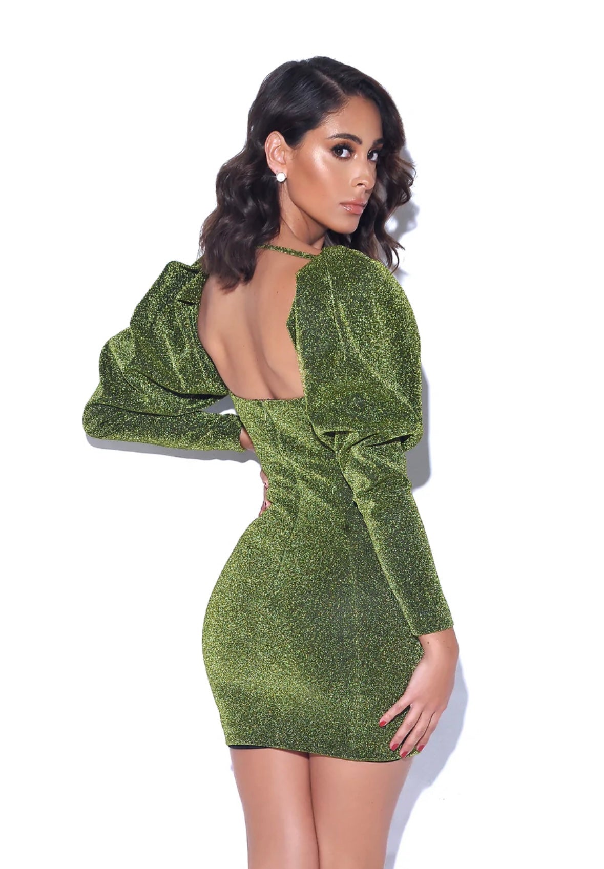 GREEN METALLIC PUFF SHOULDER MINI DRESS