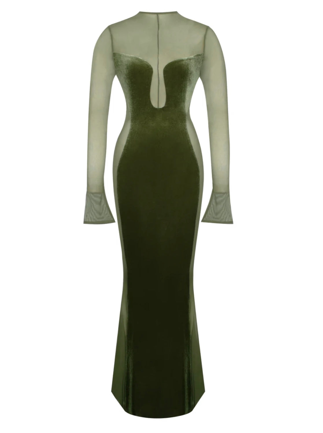 OLIVE VELVET MESH MAXI GOWN