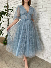 Half Sleeves Dusty Blue Glittery Tulle Prom Dresses, Tea Length Prom Dresses, Newest Prom Dresses, Unique Prom Dresses