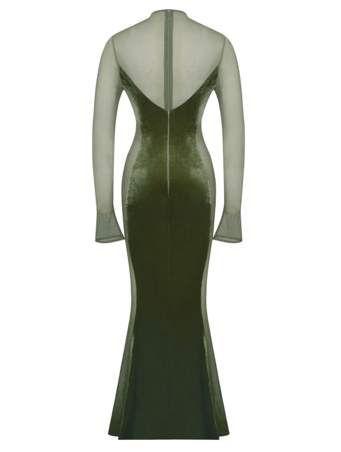 OLIVE VELVET MESH MAXI GOWN