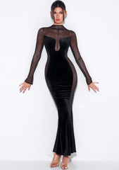 BLACK VELVET MESH MAXI GOWN