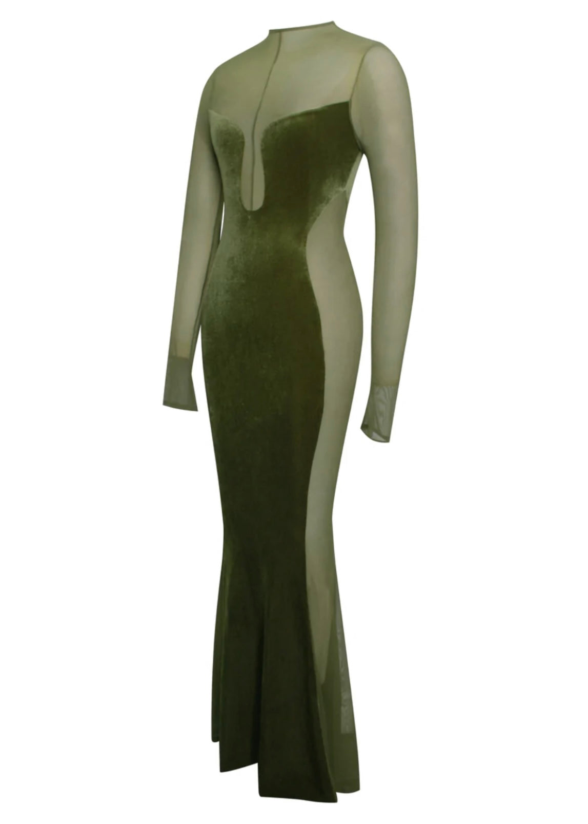 OLIVE VELVET MESH MAXI GOWN