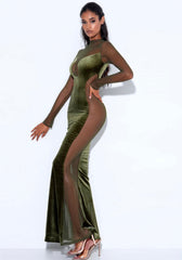 OLIVE VELVET MESH MAXI GOWN