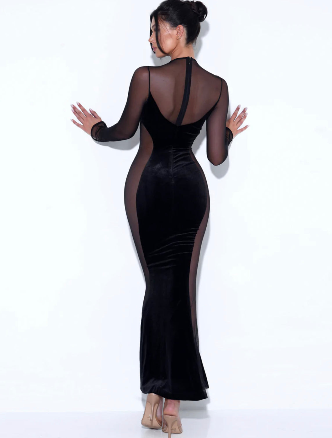 BLACK VELVET MESH MAXI GOWN