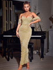 GOLD OFF SHOULDER RUCHED MIDI DRESS