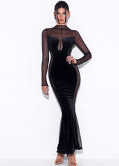 BLACK VELVET MESH MAXI GOWN