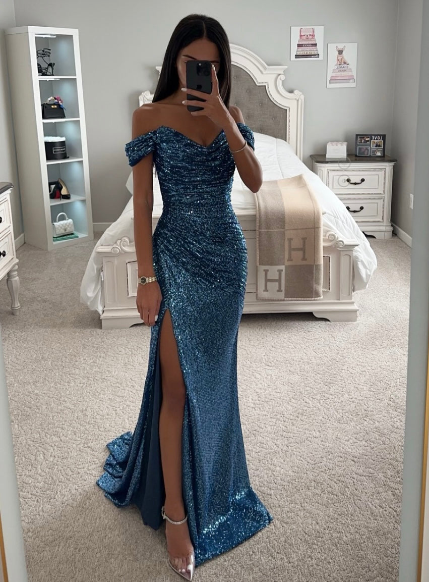 LAPIS BLUE RUCHED SPARKLE GOWN