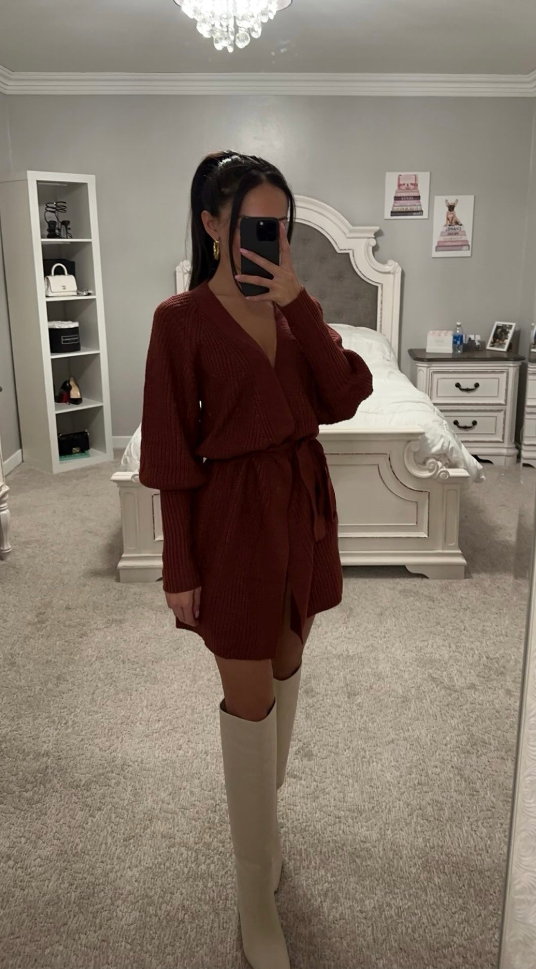 BELTED LANTERN SLEEVE WRAP CASUAL SWEATER MINI DRESS