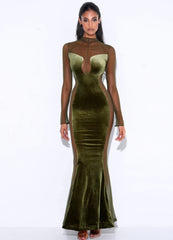 OLIVE VELVET MESH MAXI GOWN