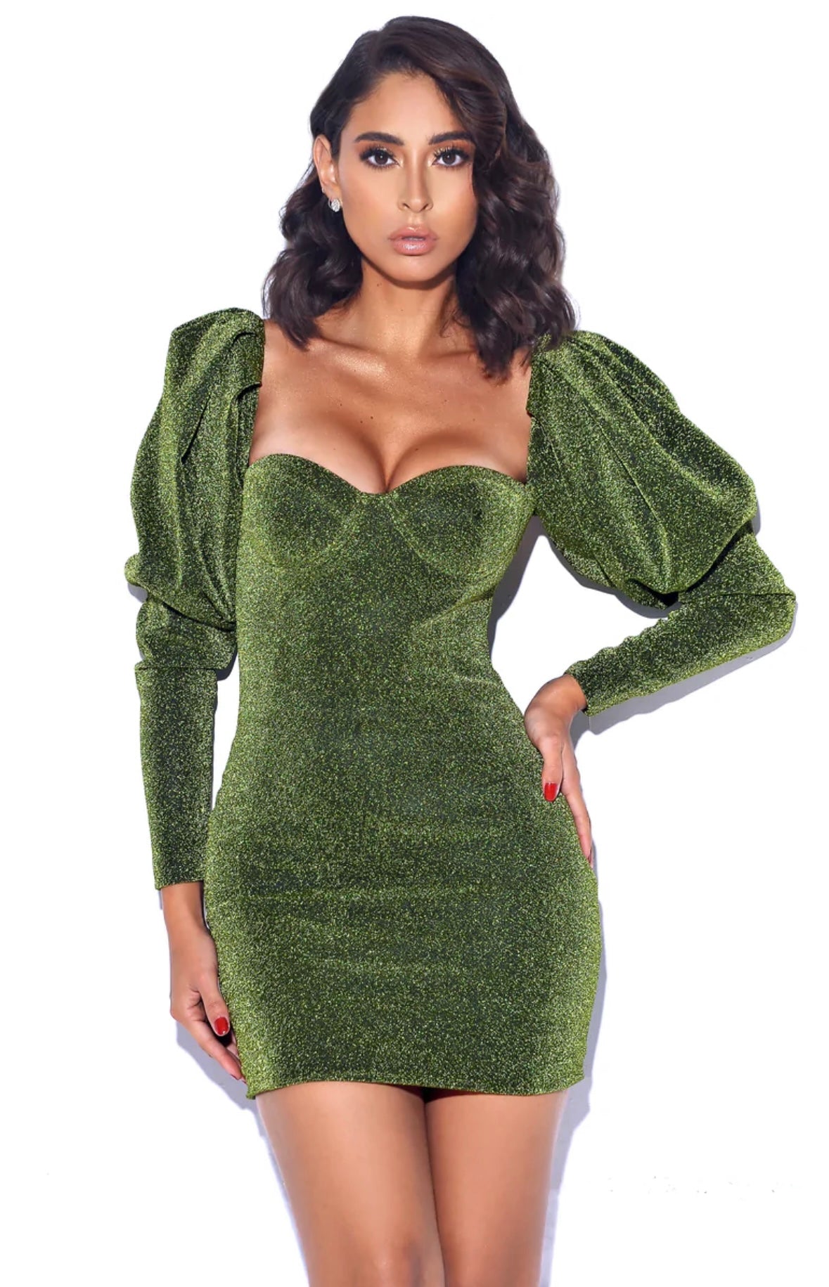 GREEN METALLIC PUFF SHOULDER MINI DRESS