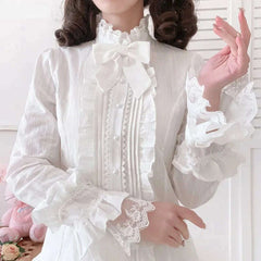 Japanese Sweet Lolita Style Blouse Women Elegant Lace Ruffles Flare Sleeve JK Shirts Vintage Girls Cute White Tops Blusas Mujer