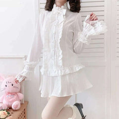 Japanese Sweet Lolita Style Blouse Women Elegant Lace Ruffles Flare Sleeve JK Shirts Vintage Girls Cute White Tops Blusas Mujer