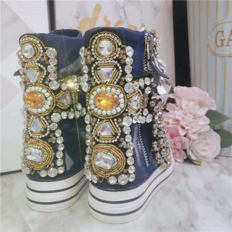 JELLYFOND Women Canvas Shoes Flat Sneakers Ladies Platform Sneaker Casual High Tops Lace Up Crystal Bling Shoes Female