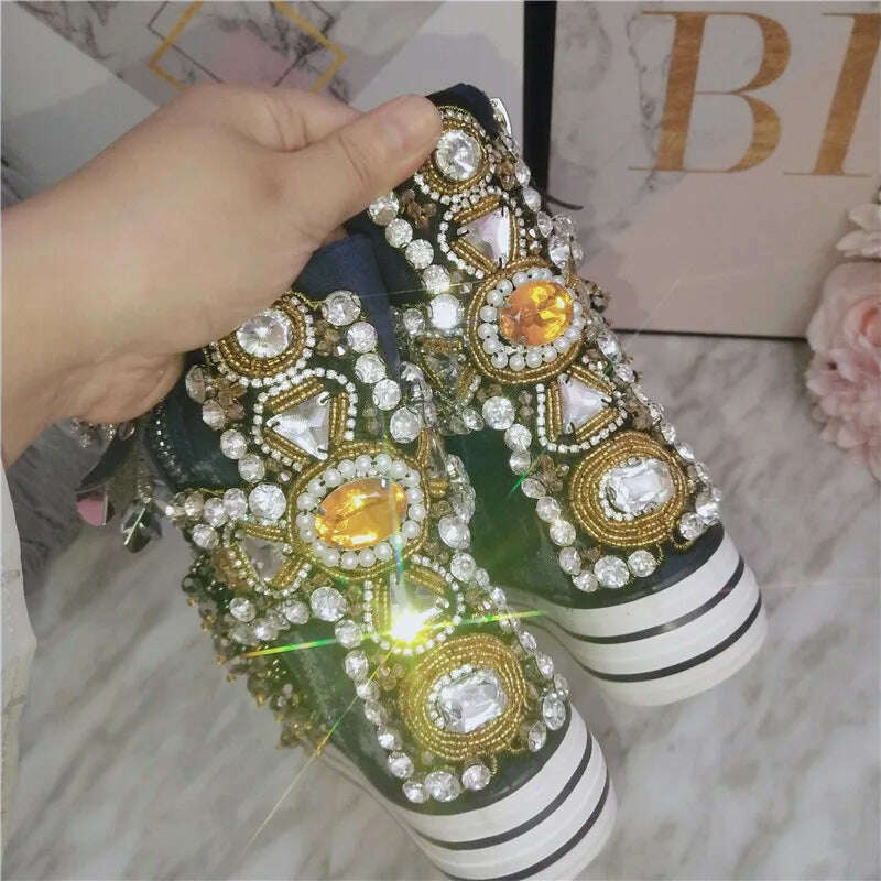 JELLYFOND Women Canvas Shoes Flat Sneakers Ladies Platform Sneaker Casual High Tops Lace Up Crystal Bling Shoes Female