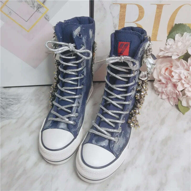 JELLYFOND Women Canvas Shoes Flat Sneakers Ladies Platform Sneaker Casual High Tops Lace Up Crystal Bling Shoes Female